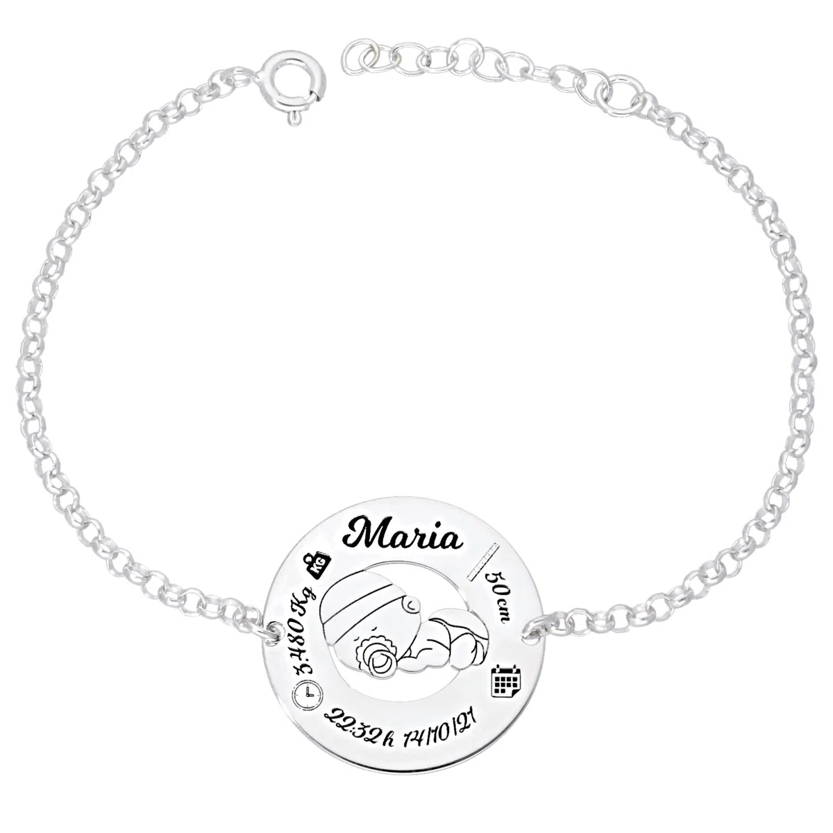 Pulsera de Nacimiento en Plata de Ley - Graba los datos de Nacimiento de tu Bebé - Ideal para la mejor mamá