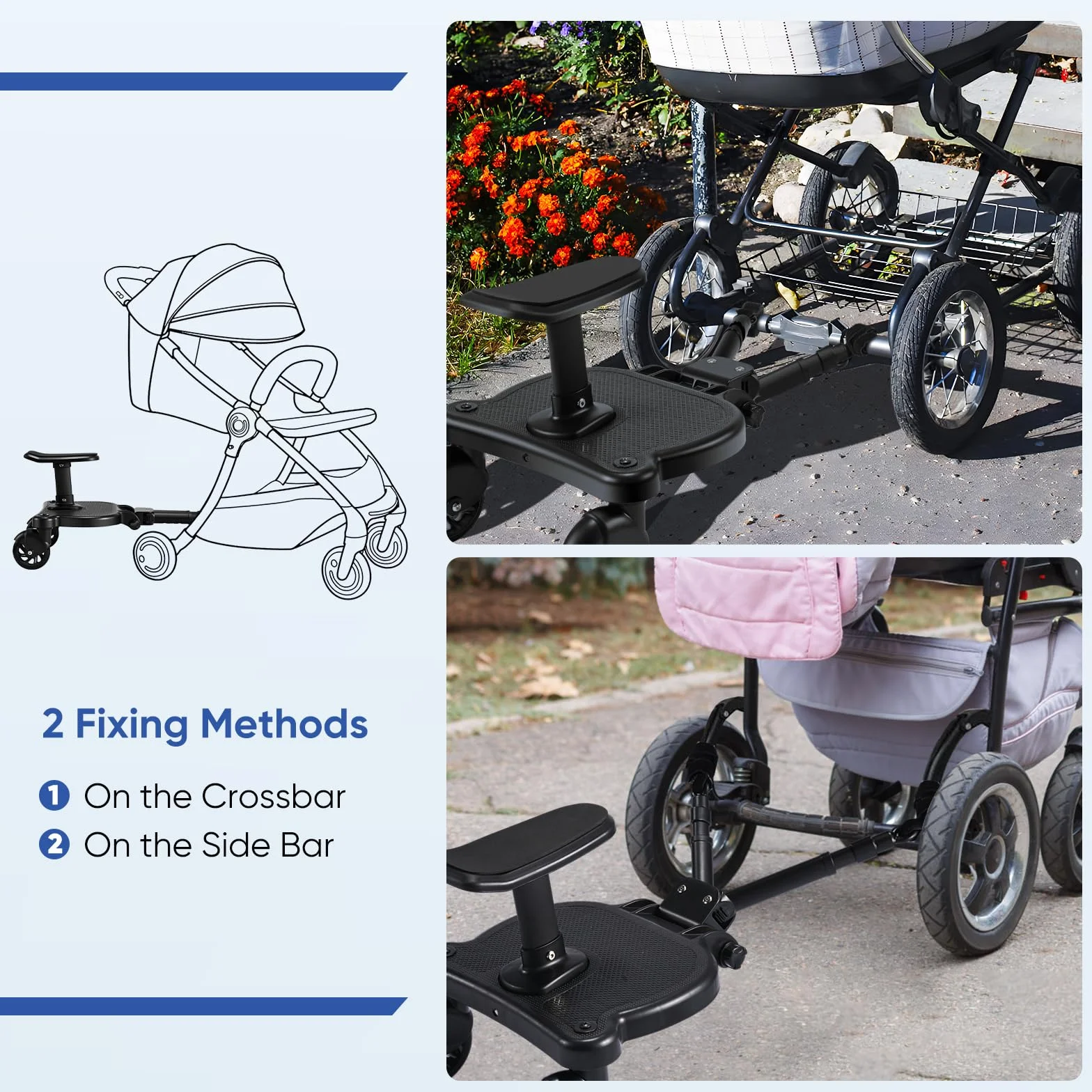 Mevip Patinete Carro Bebe Universal, Buggy Board con Asiento, Tabla para Cochecito con Bolsa de Almacenamiento, Accesorio para Cochecito para Niños de 2 a 6 Nños (55 LB)