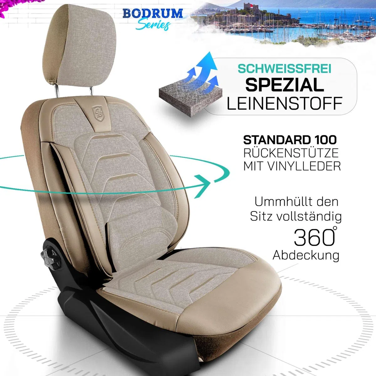 Fundas de asiento universales para coche y SUV - Fundas de asiento premium delanteras de lino, beige, compatibles con airbag, funda de asiento para coche, juego completo incl. kit de