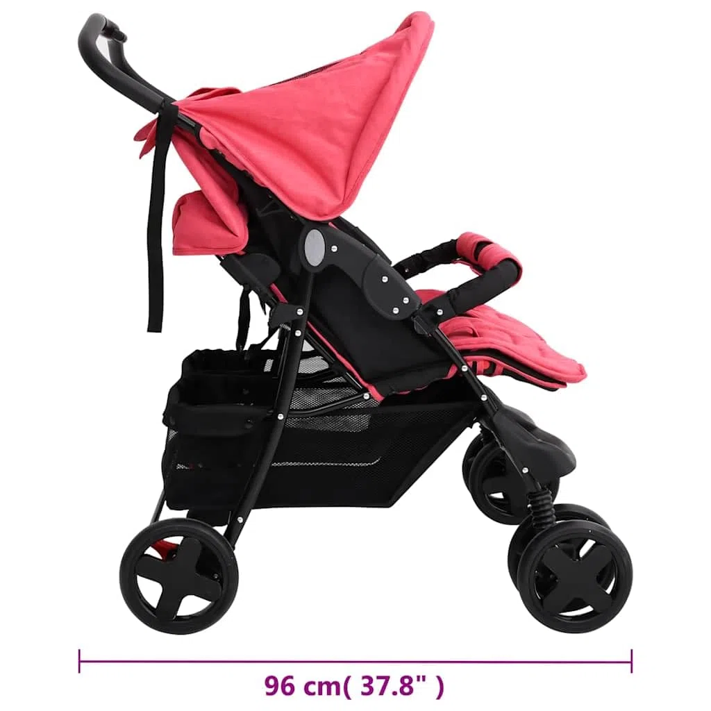 vidaXL Carrito para Gemelos Cochecito Sillita Gemelar Silla de Paseo Canasta Niños Reposapiés Ajustable Dosel Plegable de Acero Rojo