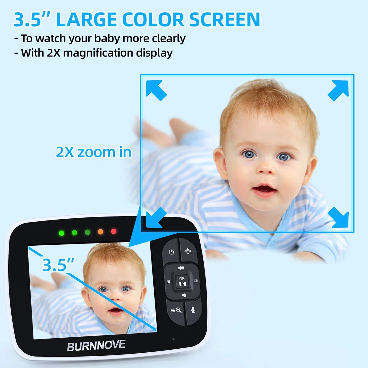 BURNNOVE Bebé Monitor, Vigilabebés con Cámara y Audio con Pantalla LCD de 3.5", 355 ° / 120 ° Giratorio, Zoom 2X, Modo Eco Visión Nocturna, Comunicación Bidireccional y Sensor de Temperatura