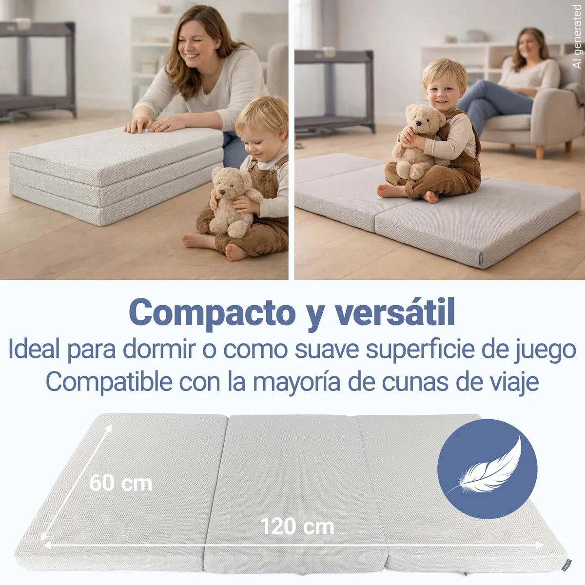 LaLoona Colchon Cuna 60x120 cm de Viaje Portátil | Apto para Parque Infantil - 5 cm Grosor – Plegable con Funda Extraíble - Bolsa de Transporte - Transpirable - Lavable - Certificado Oeko-Tex - Gris