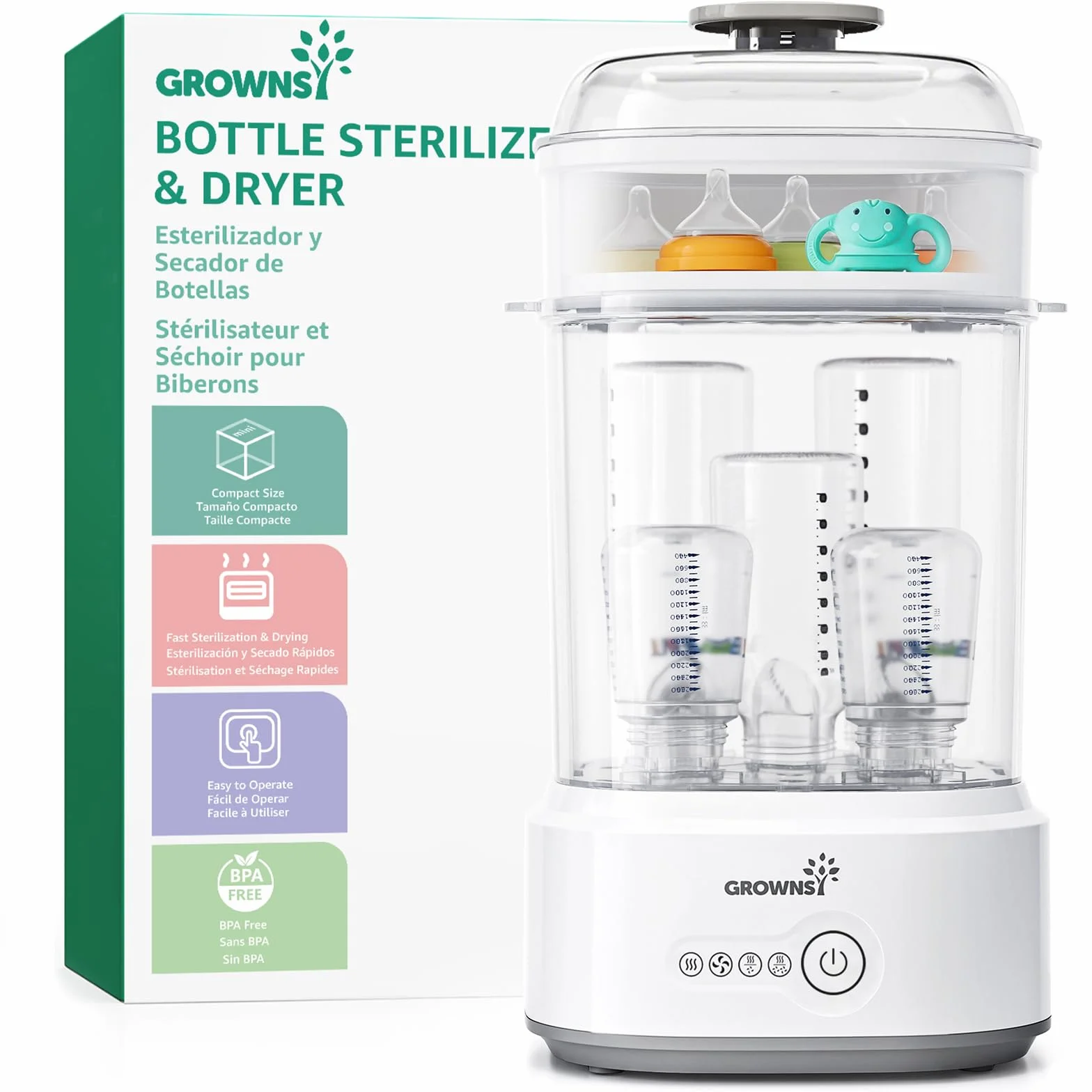 Grownsy Esterilizador y Secador de Biberones 5 en 1 – Eléctrico, Compacto y Rápido, para Biberones, Chupetes y Piezas de Sacaleches
