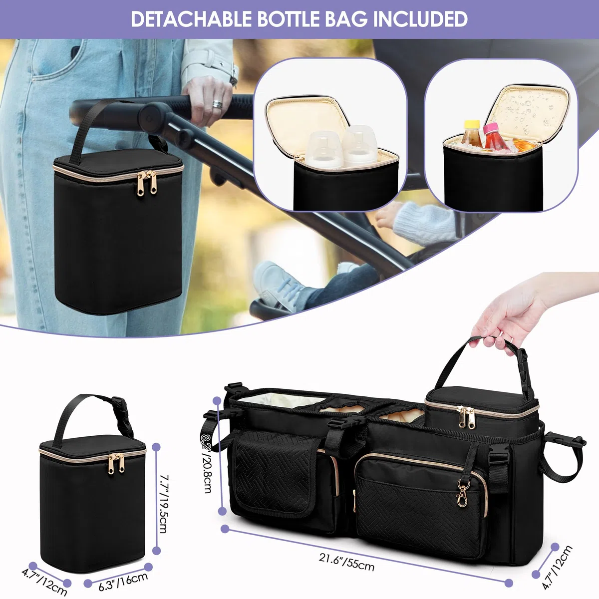 Organizador para Cochecito Doble Compatible con BOB Duallie y City Mini GT2 Cochecito Doble, Organizador para Cochecito Doble con Portavasos y Bolsa Nevera,Negro (Bolsa Vacía)