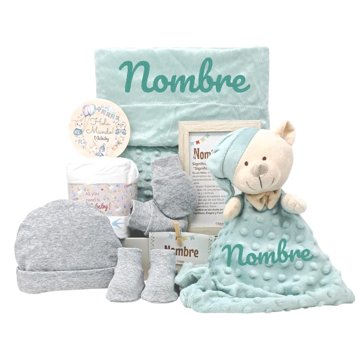 Velvet Canastilla Bebé Personalizada Unisex con Manta Burbujas, Dou Dou de Apego y Primera Puesta, Regalo Baby Shower, Verde