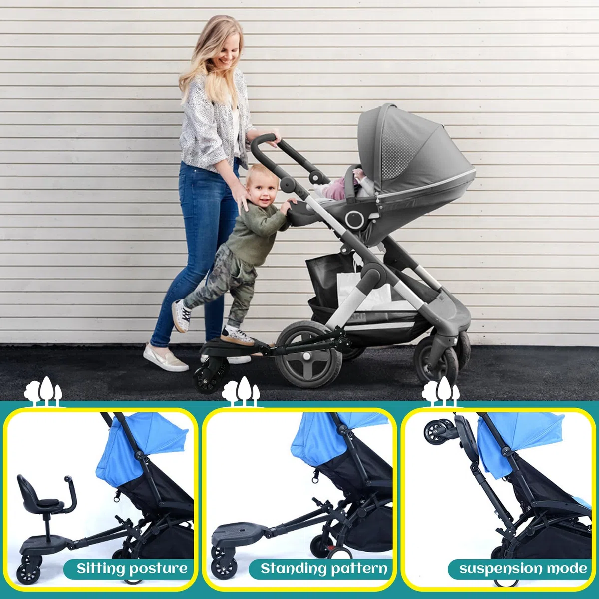 Patinete con Asiento Buggy Board para Silla de paseo, Patin Carro para Bebe Apto para el 99% de Todos los cochecitos, Tabla para Cochecito, Accesorio para Niños de 2 a 6 Años(2 en 1 Negro)