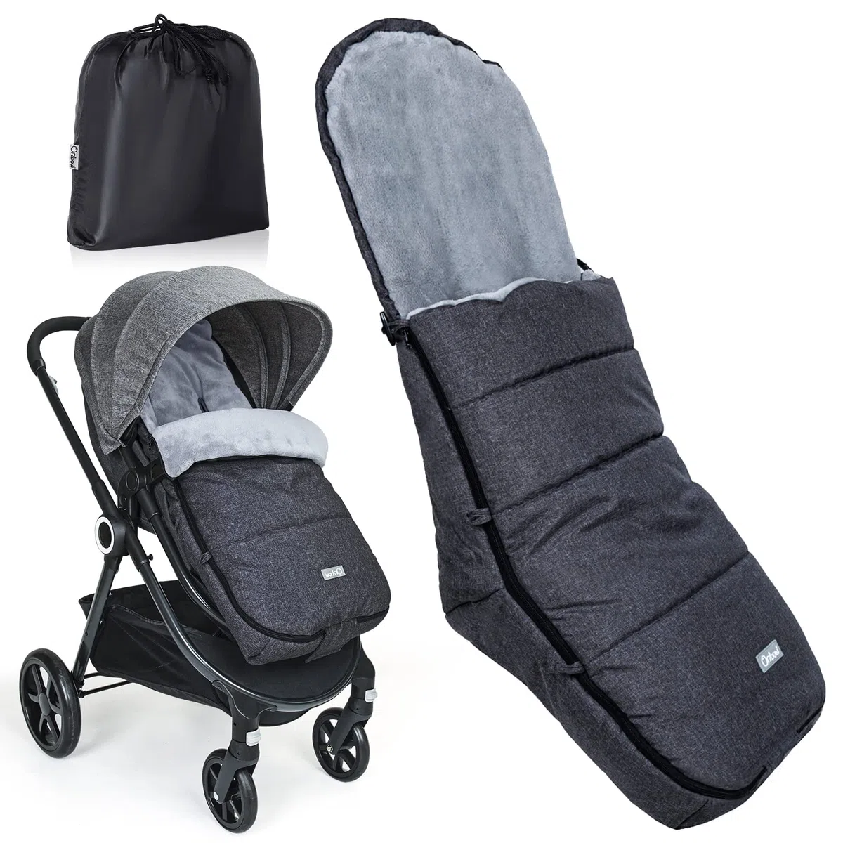Orzbow Saco Silla Paseo Universal Invierno, Impermeable Saco Carro Bebe con Bolsa, Desmontable Saco Silla de Paseo con Cremallera Lateral Ajustable, Forro Cálido Coral, Forma de L, Gris Oscuro