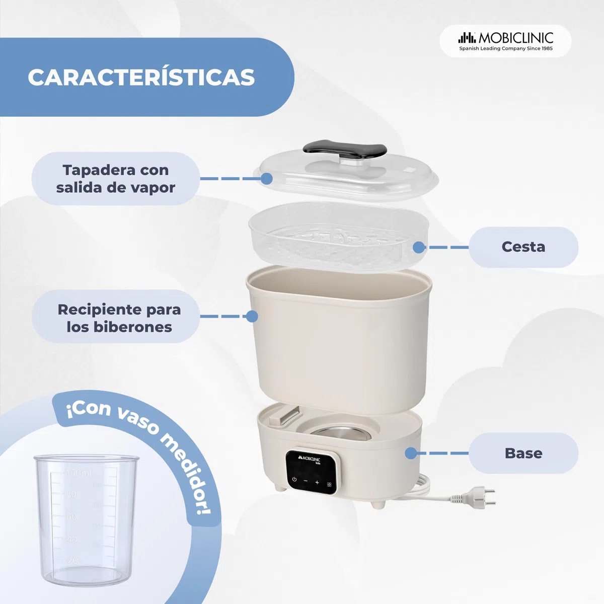 Mobiclinic®, Esterilizador de Biberones, 4 en 1, Hasta 6 Biberones, Seca, Mantiene la Temperatura, Modo Automático, Chupetes y Sacaleches, Pantalla LCD, Compacto, Mobibi