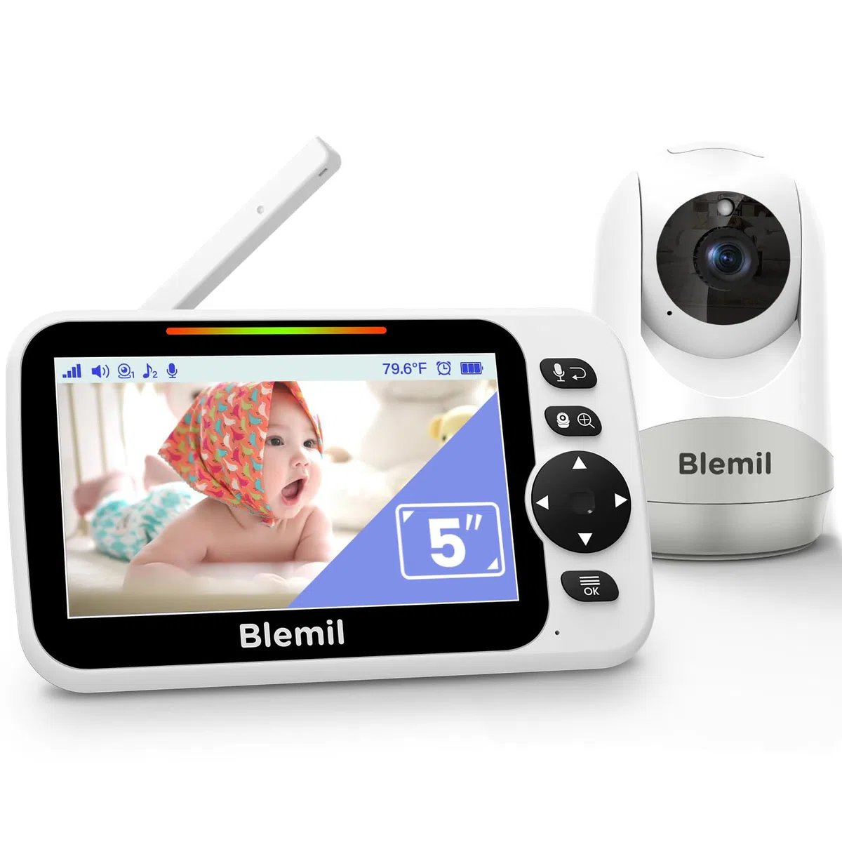 Blemil Monitor de bebé 5 Pulgadas, versión Mejorada con Pantalla Dividida – Vídeo Monitor de Gran tamaño con visión Nocturna | Cámara con Control Remoto de panorámica/inclinación/Zoom | Sin WiFi