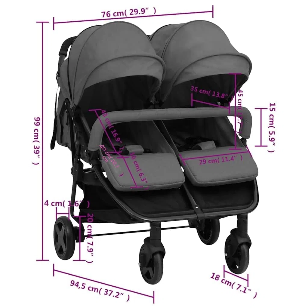 vidaXL Carrito para Gemelos Cochecito Sillita Gemelar Silla de Paseo Canasta Niños Reposapiés Ajustable Dosel Plegable de Acero Gris Oscuro y Negro