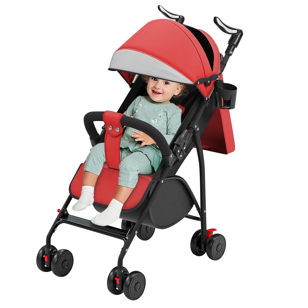 Cochecito de bebé ligero y compacto 0 meses a 4 años, 25 kg, plegable, respaldo reclinable, plegado automático en 1 paso, dosel - rojo