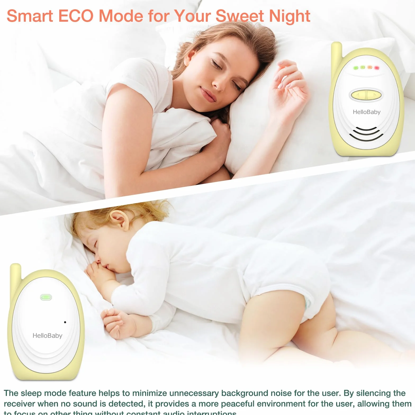 HelloBaby Vigilabebés Audio con Eco, Monitor para Bebés con micrófono de Alta sensibilidad, Intercomunicador Inalámbrico de 2,4 GHz con Tecnología DECT, Alcance de 300 Metros, Amarillo