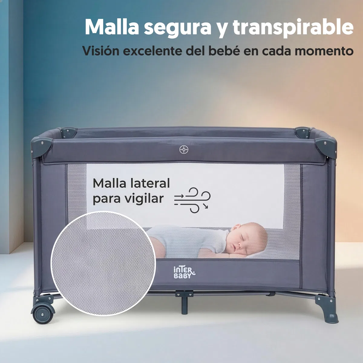 Interbaby - Cuna de Viaje Bebé Plegable con Ruedas y Bolsa de Transporte, Parque Cuna 2 en 1, Ligera y Compacta, Malla Transpirable, Compatible 120x60 cm, Desde Nacimiento hasta 3 Años (15 kg) (Gris)