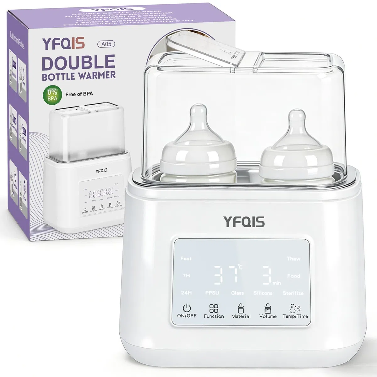 Calienta Biberones Doble, 10 en 1 Esterilizador Biberones, Calienta/Descongela Leche Materna y Purés, Control Preciso de Temperatura, con Pantalla LCD, Temporizador, Apagado Automático (Blanco)