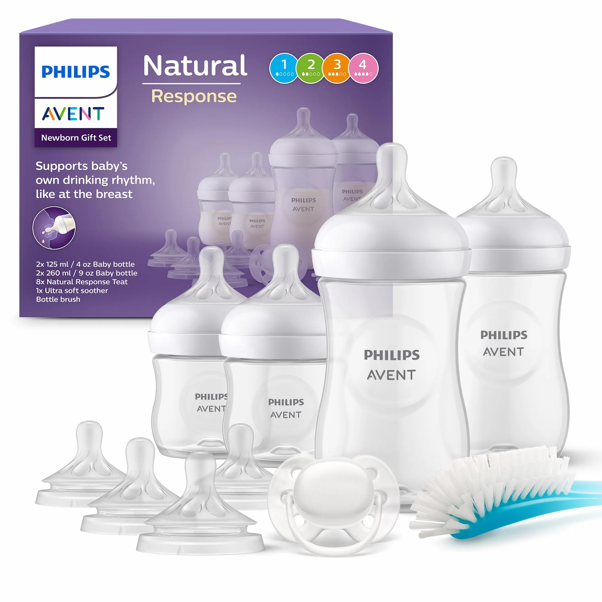 Philips Avent Set de regalo de biberones para recién nacidos: 4 biberones, 2 tetinas de repuesto, chupete ultra soft y escobilla para biberón, bebés de 0-12 meses (modelo SCD838/13)
