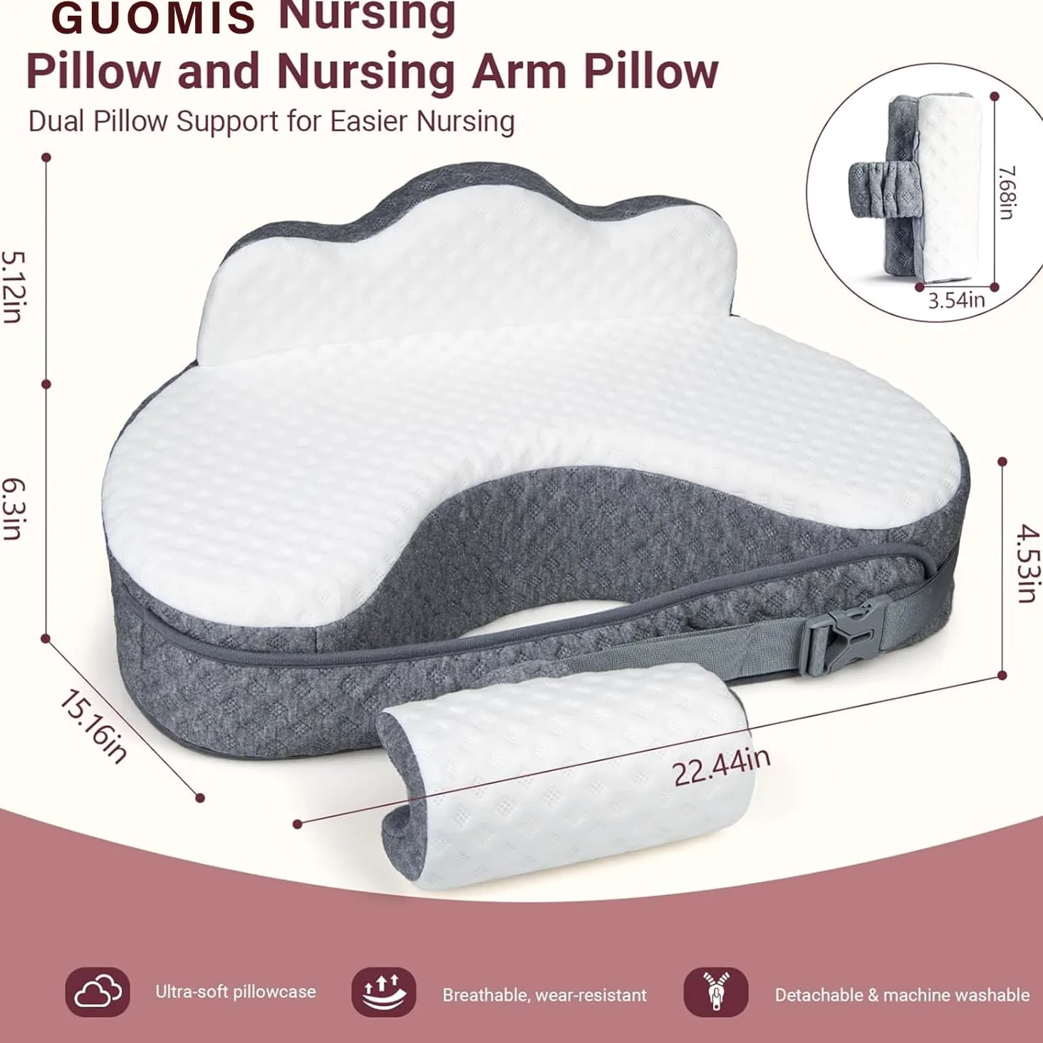 Cojin Lactancia,Almohada Lactancia,Almohada de Lactancia de Espuma viscoelástica con Funda extraíble, diseñada ergonómicamente para una Comodidad Universal (Gris)