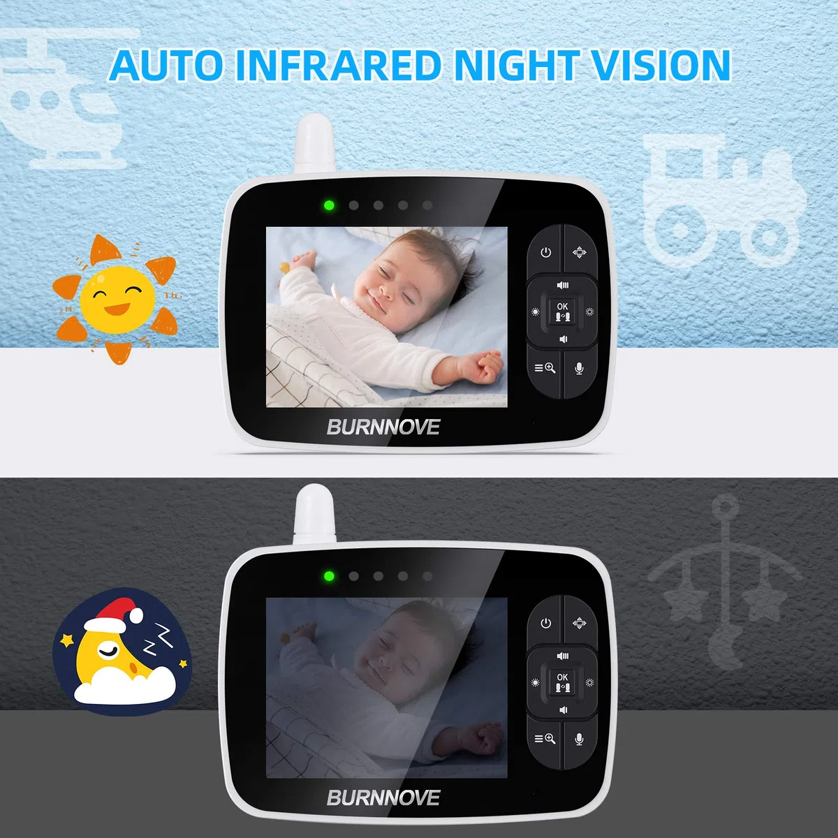BURNNOVE Bebé Monitor, Vigilabebés con Cámara y Audio con Pantalla LCD de 3.5", 355 ° / 120 ° Giratorio, Zoom 2X, Modo Eco Visión Nocturna, Comunicación Bidireccional y Sensor de Temperatura