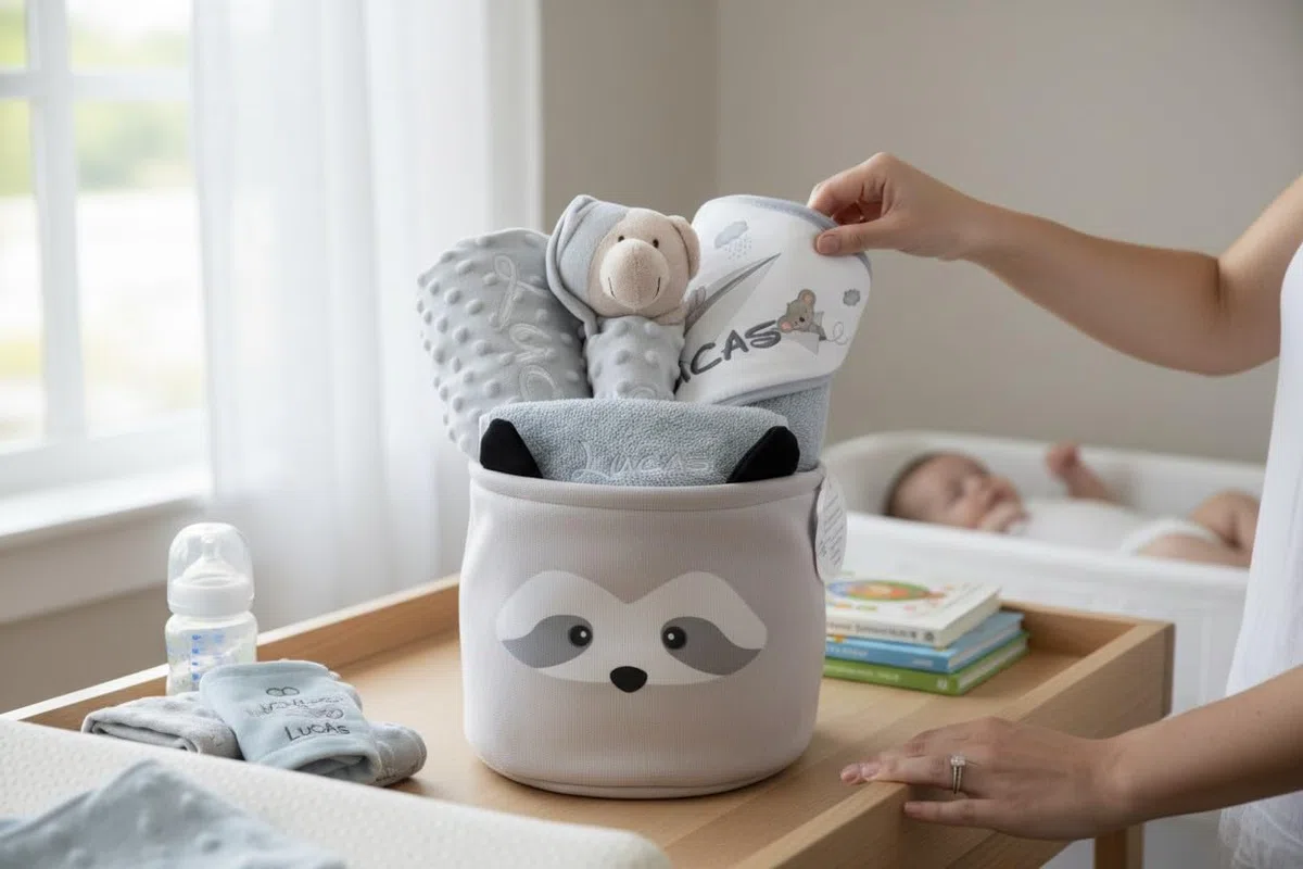 Danielstore Canastilla Bebé Personalizada | Set Regalo para Recién Nacido, 50% algodón 50% poliéster | Incluye manta, dou dou, toalla baño, babero Gris