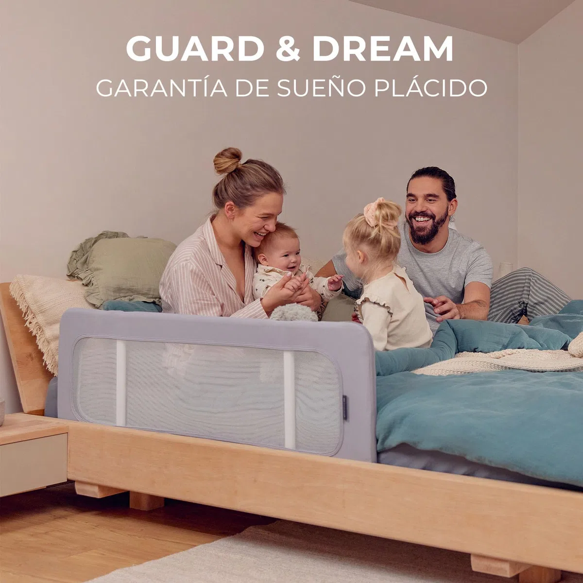 Kinderkraft Guard & Dream Barrera Universal para Cama, para Niños de Entre 18 Meses y 5 Años, Pliega Fácilmente, Regulación de Altura, Gris Claro