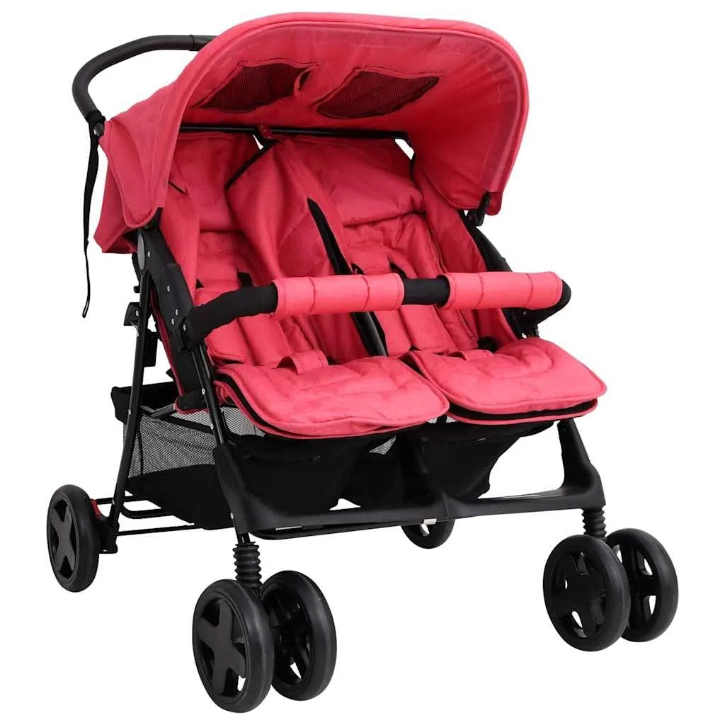 vidaXL Carrito para Gemelos Cochecito Sillita Gemelar Silla de Paseo Canasta Niños Reposapiés Ajustable Dosel Plegable de Acero Rojo