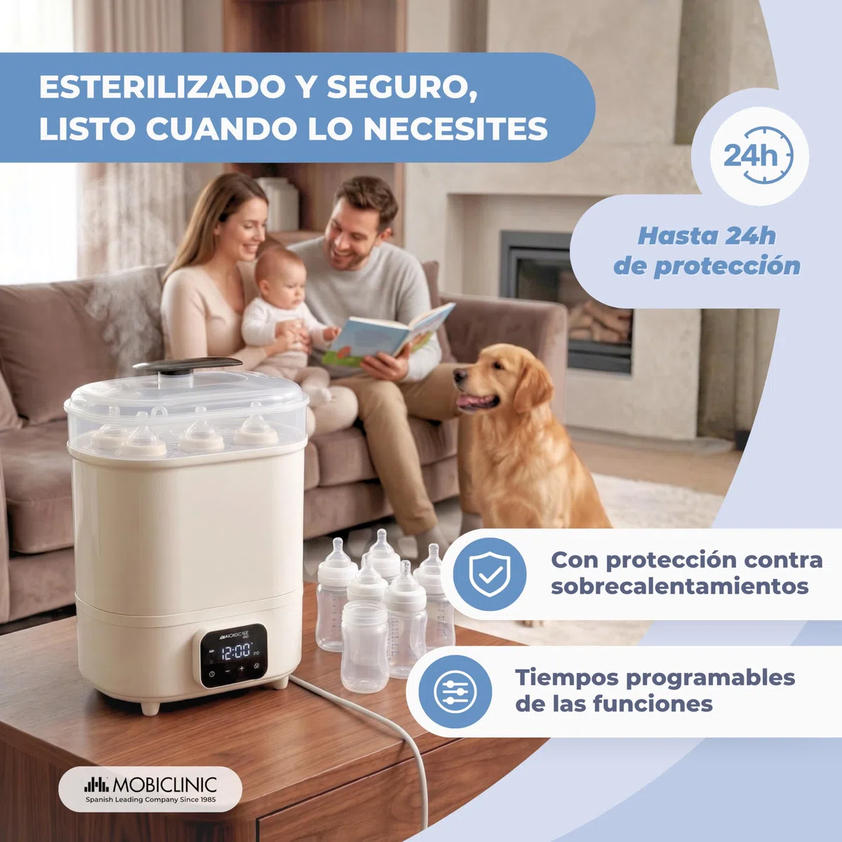 Mobiclinic®, Esterilizador de Biberones, 4 en 1, Hasta 6 Biberones, Seca, Mantiene la Temperatura, Modo Automático, Chupetes y Sacaleches, Pantalla LCD, Compacto, Mobibi