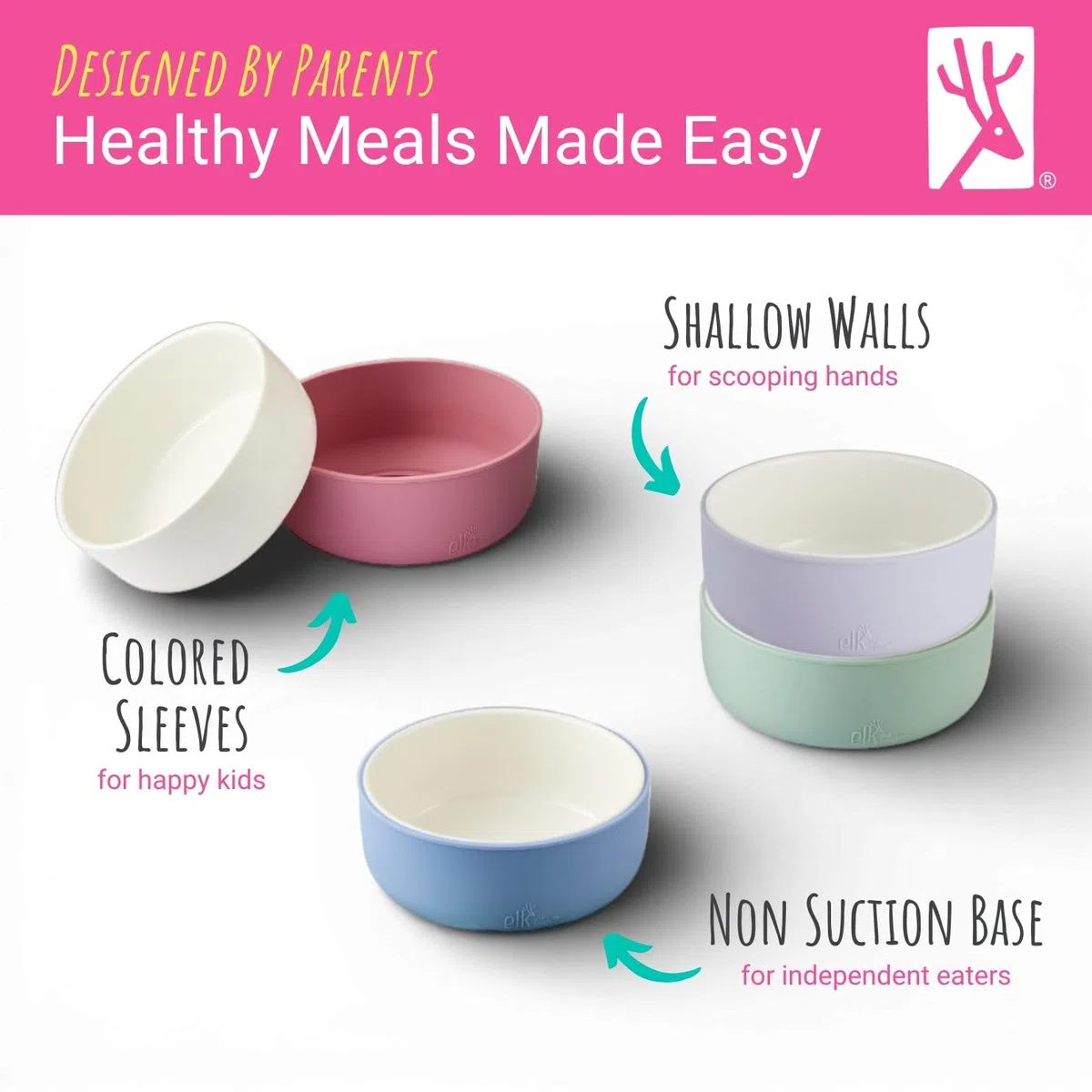 Elk and Friends Cuencos De Porcelana Para Niños Con Funda De Silicona Para Bebés Y Niños Pequeños. Apto Para Microondas Y Lavavajillas. Platos Y Vajilla Para Cereales, Sopas Y Aperitivos.