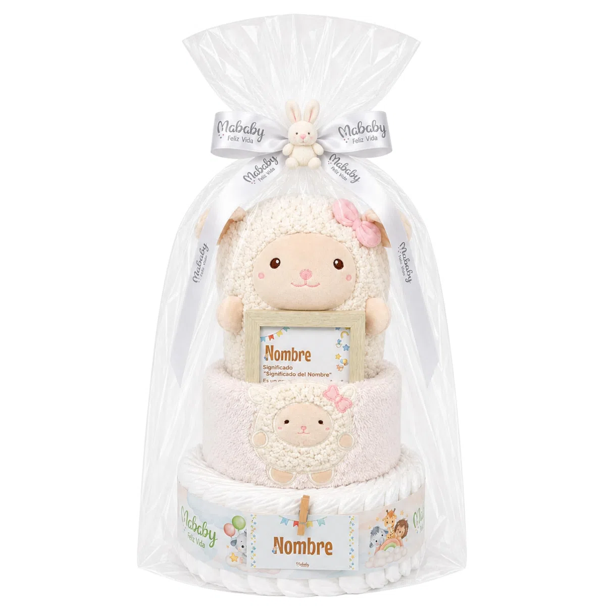 Tarta de Pañales Mi Ovejita, Regalo Recién Nacido con 29 Pañales Talla 2, Manta Sherpa 80x100 cm, Peluche Ovejita y Marco Personalizado (Rosa)