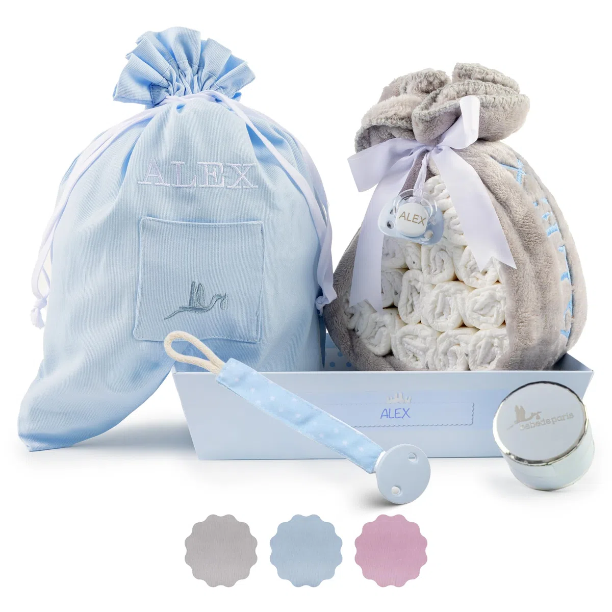 Tarta de Pañales para Recién Nacida con Manta Bordada + 15 Pañales Talla 2 + Chupete Personalizado Azul | BebeDeParis