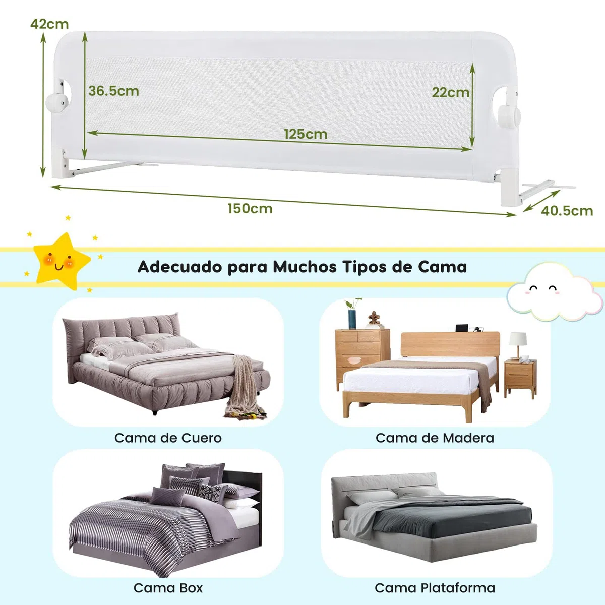 RELAX4LIFE Barrera Seguridad Niños Cama Plegable 105/120/150cm, Barandilla Cama Niño Abatible de Metal y Tela Oxford con Malla Transpirable para Camas Individuales y Dobles (Blanco, 150x40x42cm)