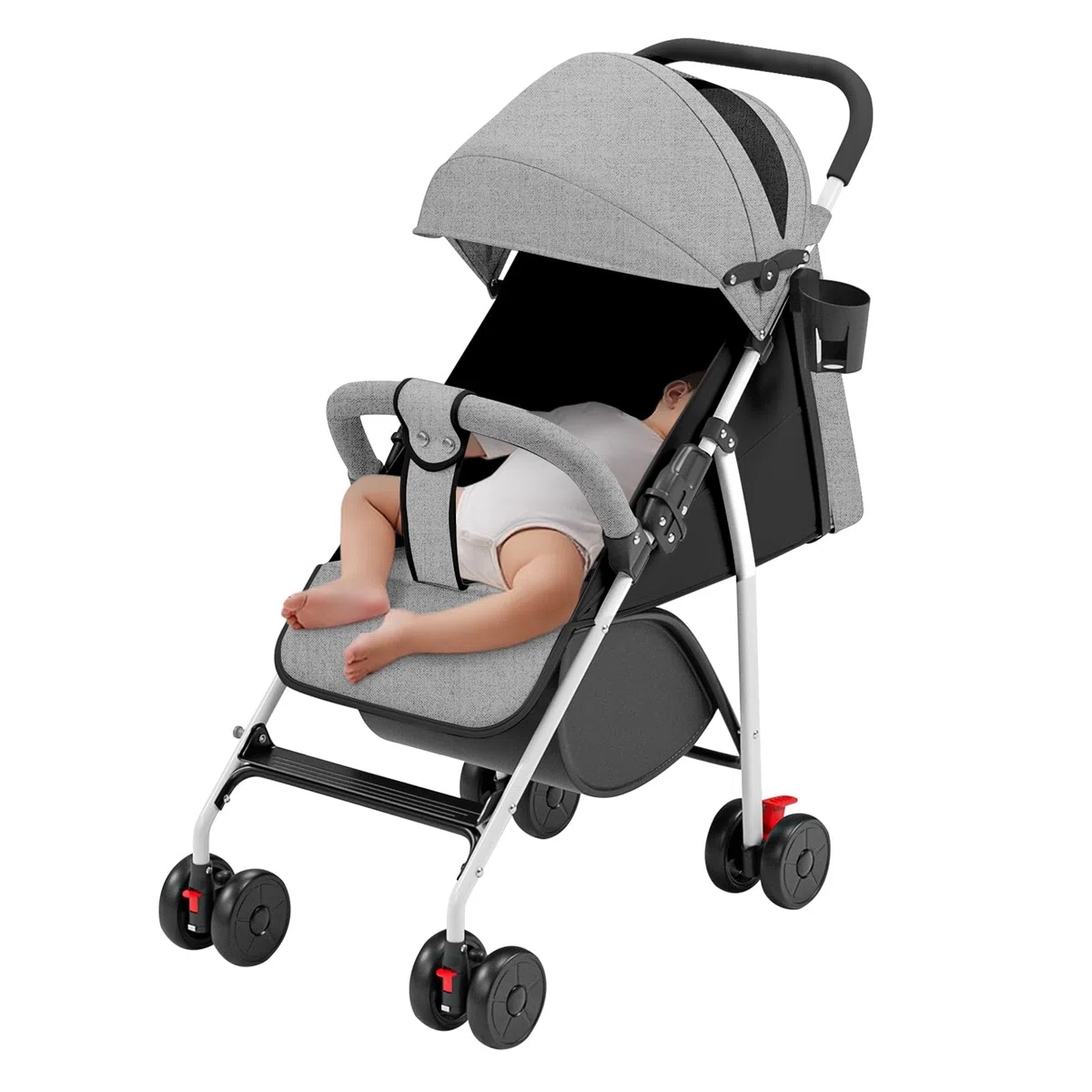Cochecito de caña de bebé ultraligero, compacto, plegable e inclinable desde el nacimiento hasta 25 kg, con sistema Trolley, funda de lluvia y capó extensible, C-gris
