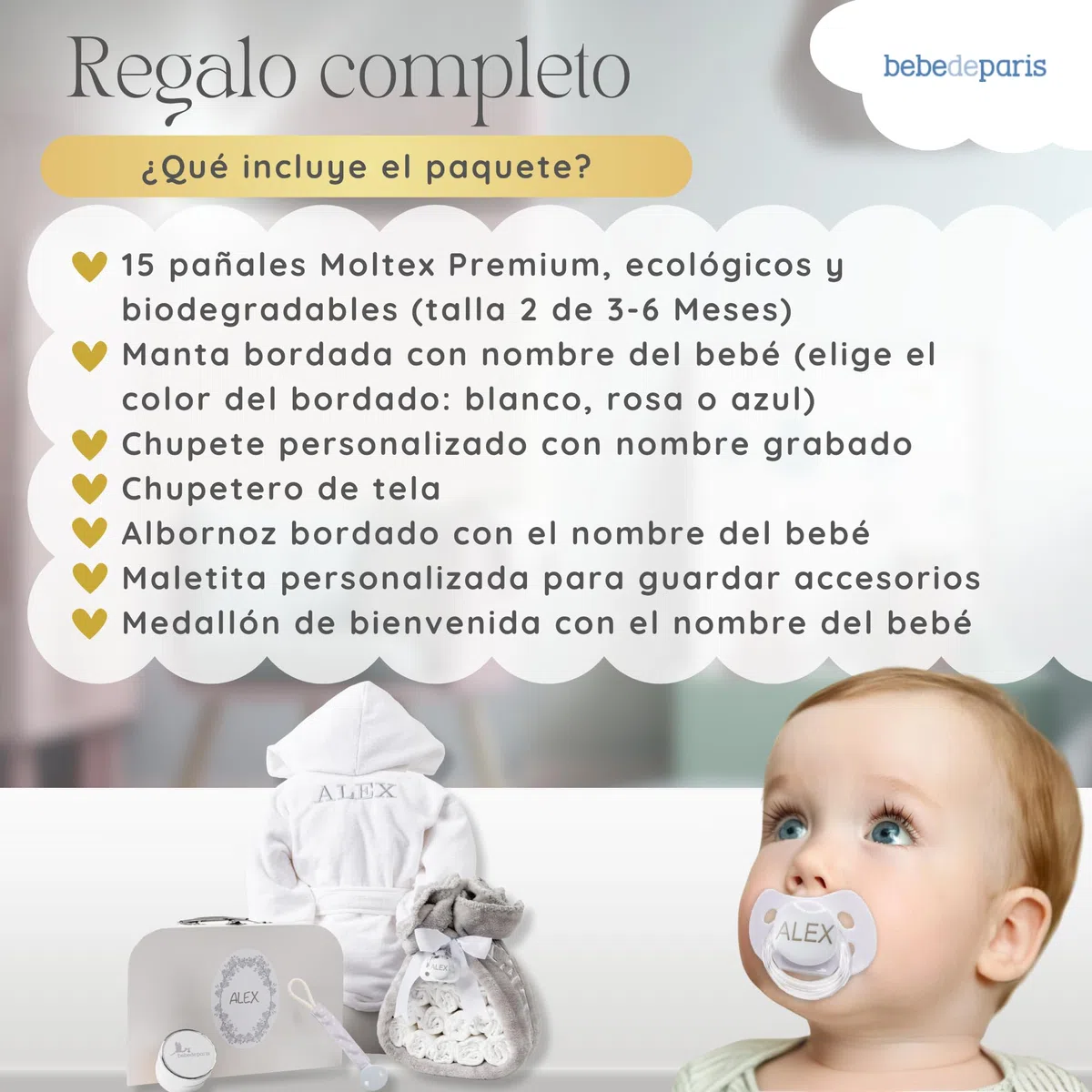Tarta de Pañales para Recién Nacida con Manta Bordada + 15 Pañales Talla 2 + Chupete Personalizado Neutro | BebeDeParis