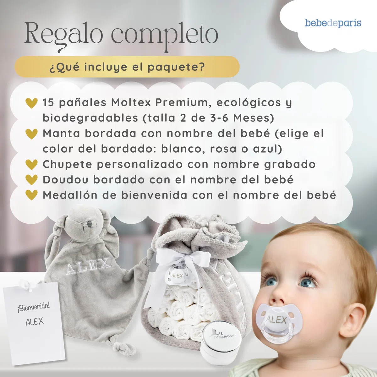 Tarta de Pañales con Doudou Conejito Personalizado | Manta Polar + Chupete Personalizado + 15 Pañales Moltex | Regalo Recién Nacido Baby Shower Nacimiento Niño Niña (Azul) | BebeDeParis