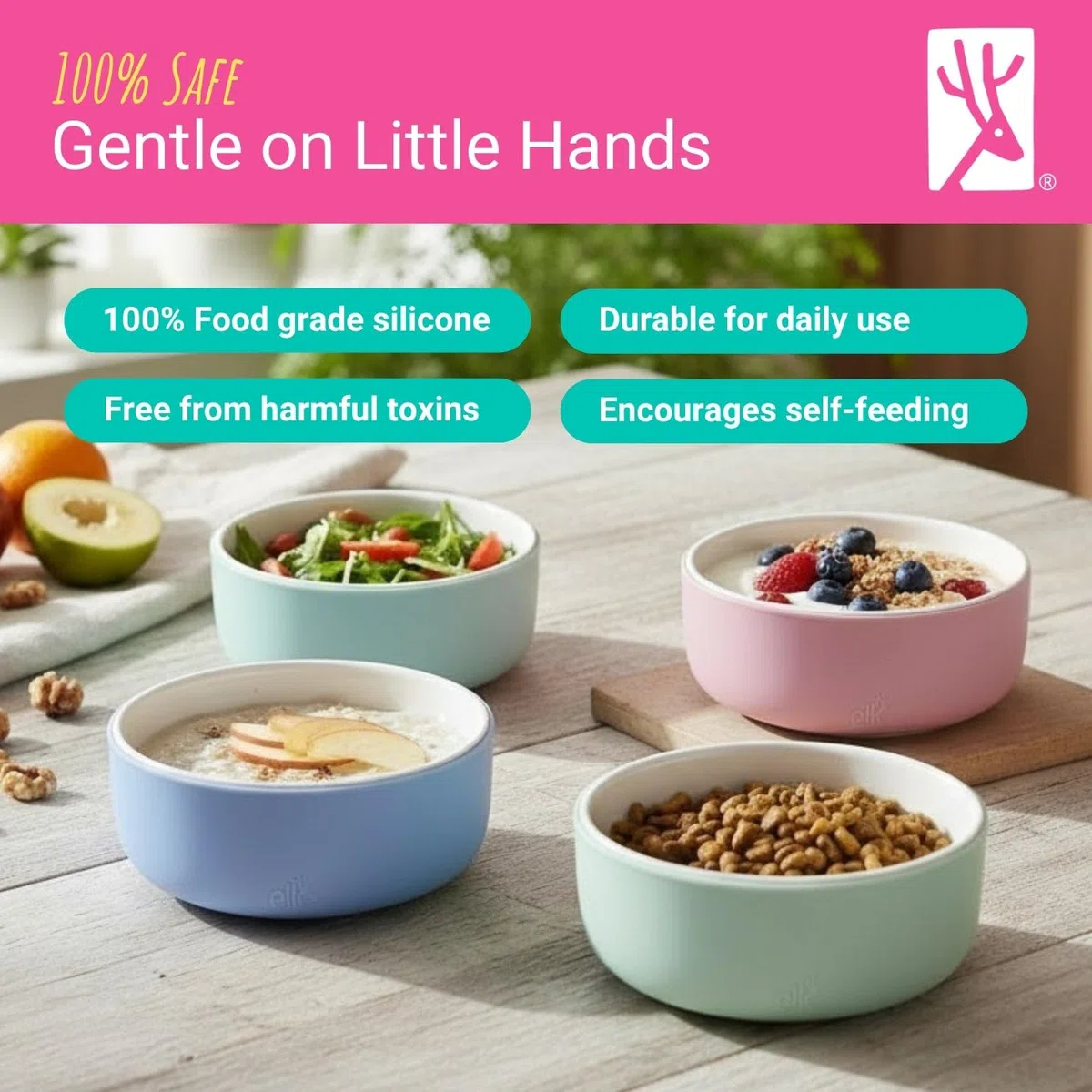Elk and Friends Cuencos De Porcelana Para Niños Con Funda De Silicona Para Bebés Y Niños Pequeños. Apto Para Microondas Y Lavavajillas. Platos Y Vajilla Para Cereales, Sopas Y Aperitivos.