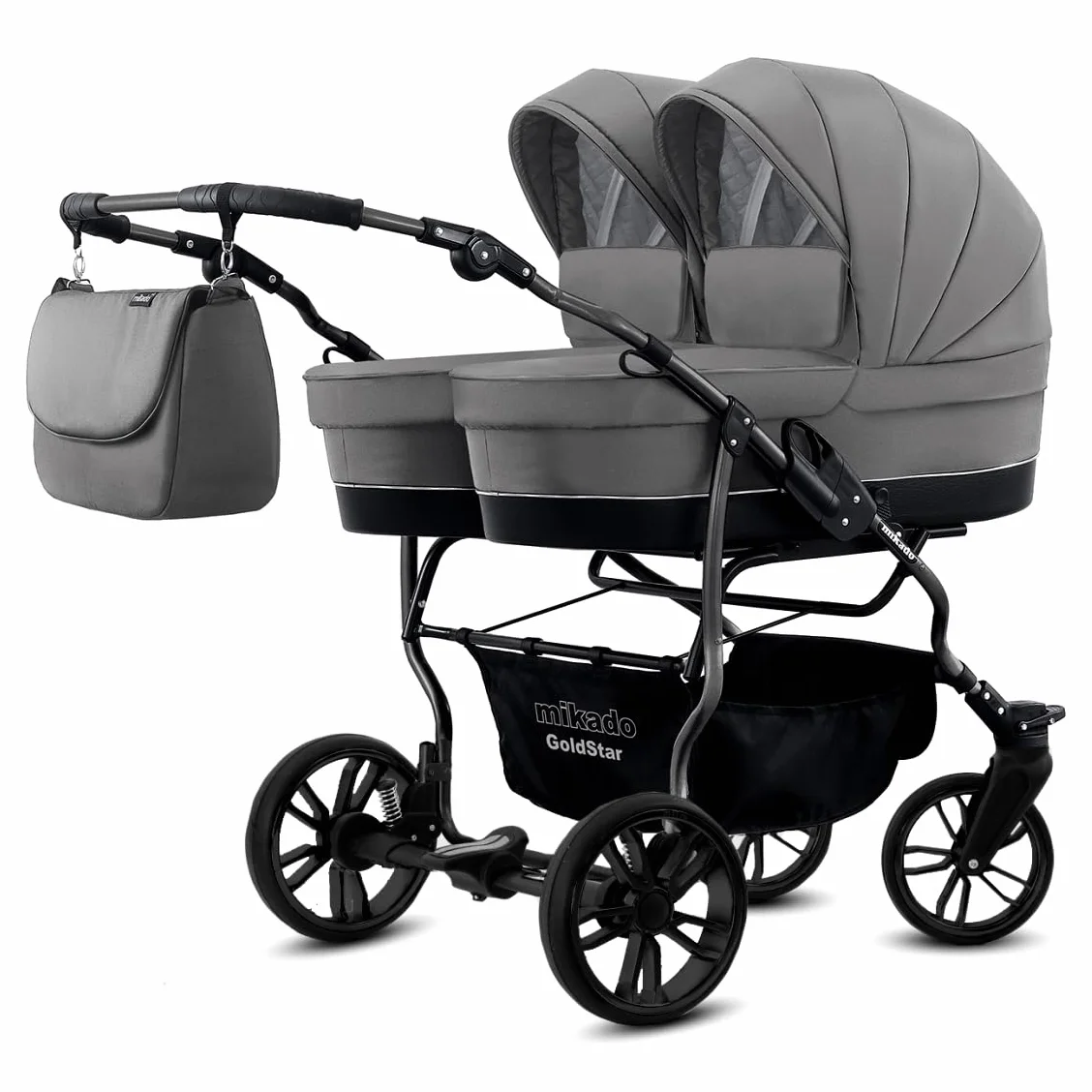 Cochecito doble gemelar 3en1. Carrito las 3 piezas y accesorios: 2 capazos + 2 sillas de paseo + 2 sillas de coche + accesorios. BBtwin Gold Star. Gris
