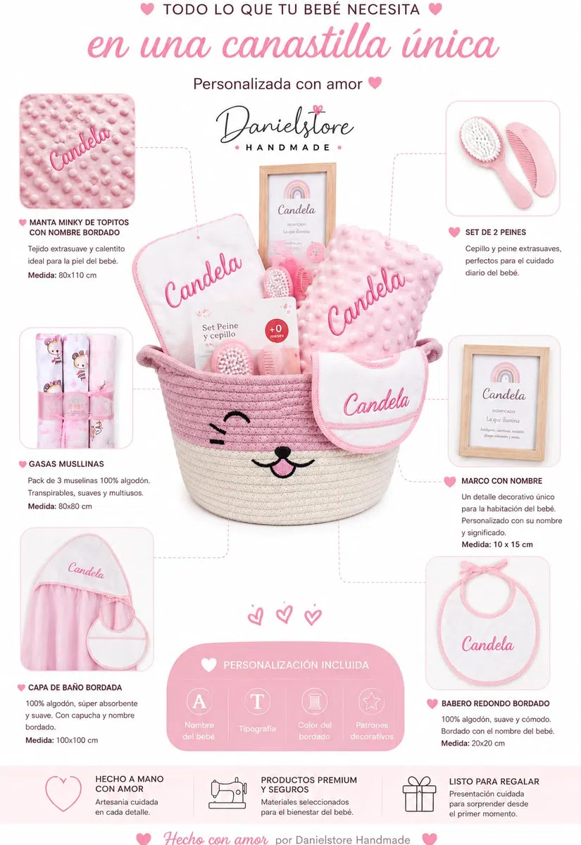 Canastilla Bebé Personalizada con Nombre Bordado | Regalo Recién Nacido | Cesta Bebé Premium con Manta Minky, Toalla, Babero, Muselinas y Accesorios | Danielstore (Rosa)