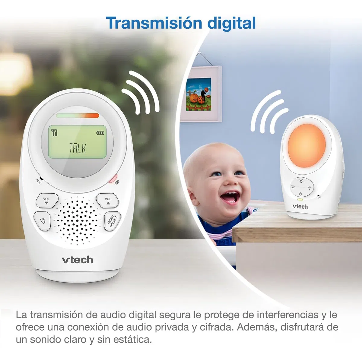 VTech BM1211 Monitor de Audio para Bebé, Transmisión de Sonido Clara y Segura, Largo Alcance, Control de Volumen de 5 Niveles, Luz Nocturna, Función de Hablar con el Bebé, Pinza para Cinturón