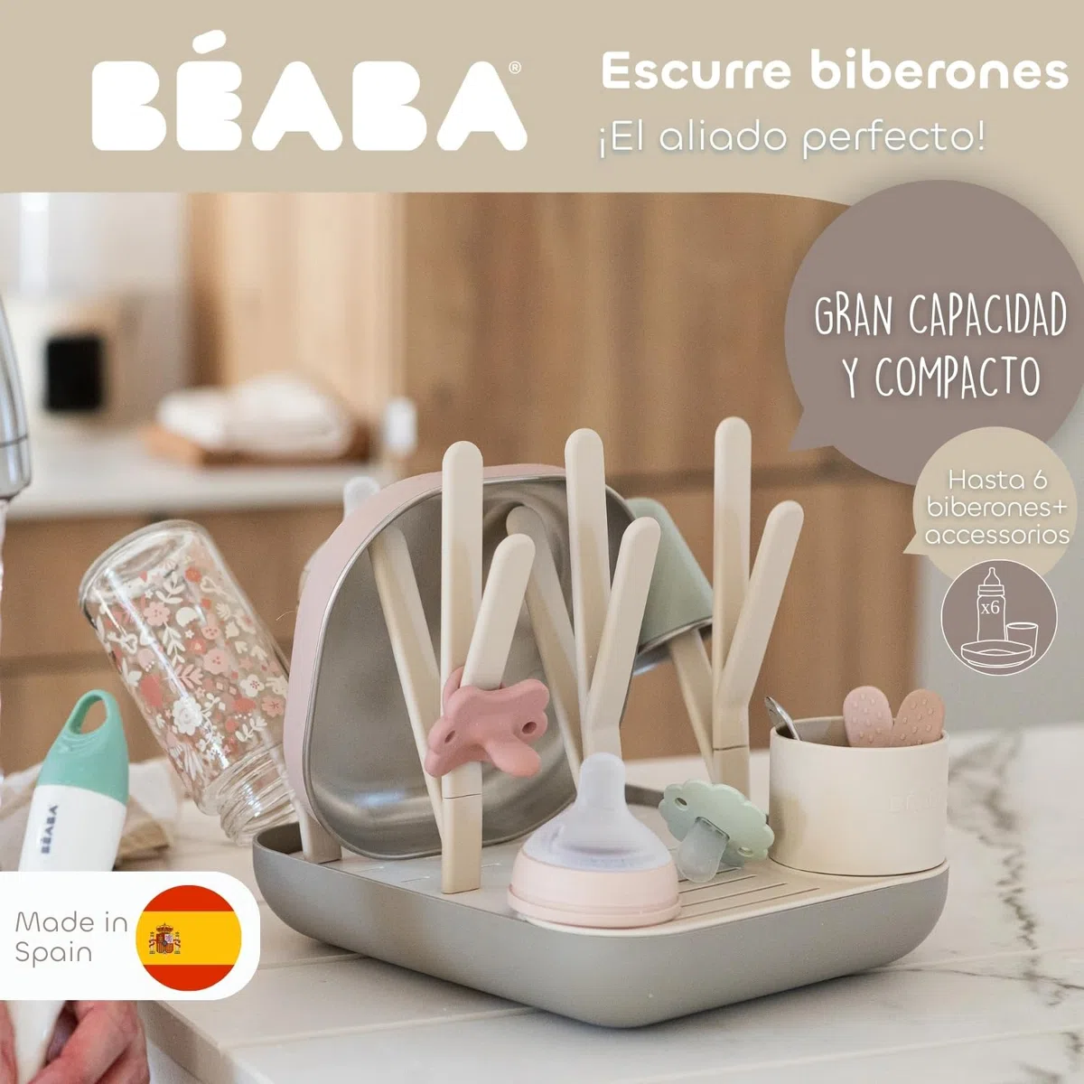 BÉABA, Escurridor y secador de biberones, gran capacidad, fabricado en España, modulable, hasta 6 biberones y vajilla para niños, recipiente para accesorios, fácil de guardar, compacto, Aarcilla.