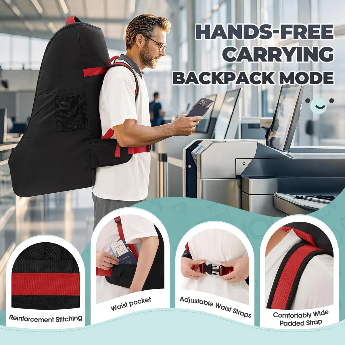 RAINSMORE Mochila Bolsa de Viaje para Silla de Coche de Bebé, Bolsa Acolchada para Asiento de Coche para Avión, Protectora para Porta Sillas Infantiles Impermeable para Aeropuerto, Negro