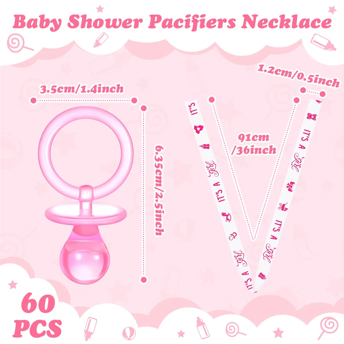 Junkin 60 piezas de collares de acrílico para baby shower, chupetes de bebé, regalos de fiesta, chupetes para decoración de fiesta de baby shower, estilo niña (rosa, blanco)