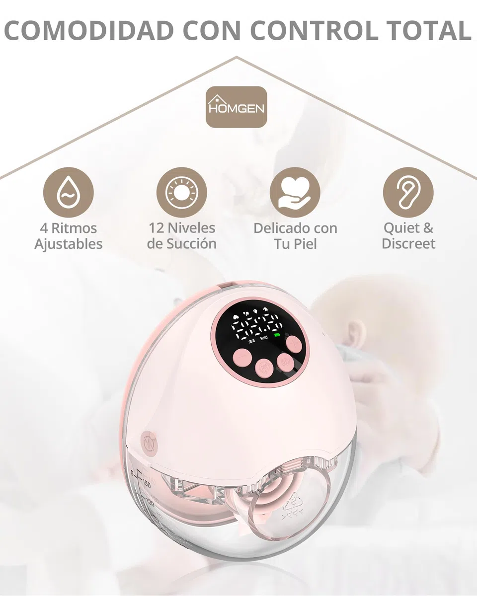 HOMGEN Sacaleches Eléctrico Manos Libres Portátil con Pantalla LED Extractor de Leche Materna Inalámbrico con 4 Modos y 12 Niveles Bomba de Lactancia Silenciosa Recargable para Casa Trabajo y Viaje