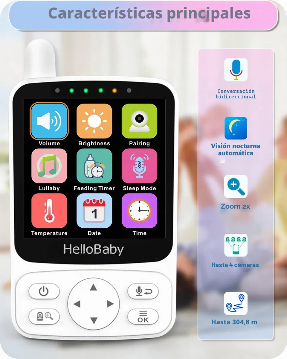 HelloBaby 4" Camara Vigilancia Bebe, 29 Horas de batería Vigilabebes con Camara, Zoom Digital Doble 350°/120°,visión Nocturna infrarroja, Modo Eco