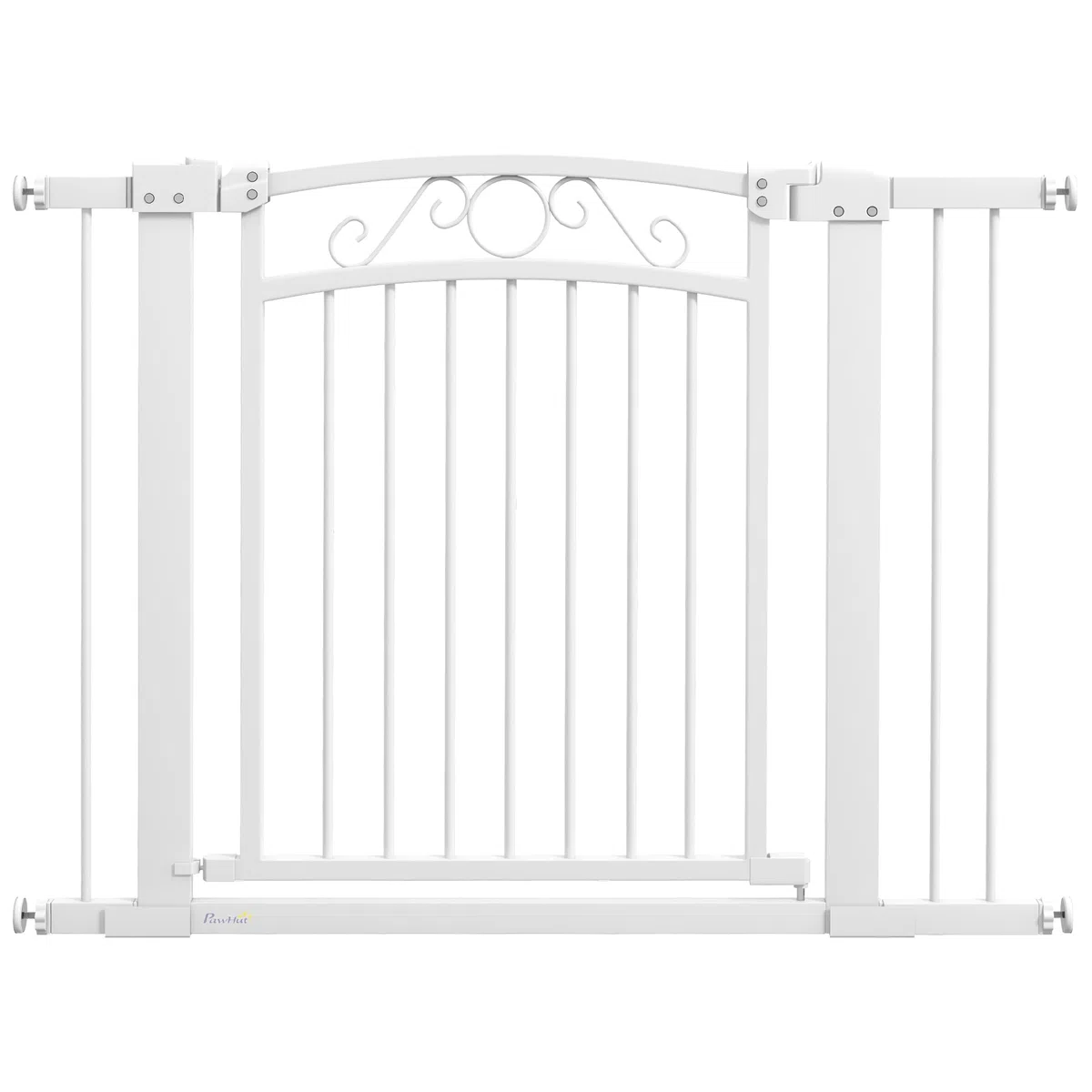 PawHut Barrera para Perros con Cierre Automático, Puerta para Perros 76-104 cm, Barrera de Seguridad con 2 Extensiones 7/14 cm, Fácil Montaje, Doble Bloqueo, para Escaleras y Puertas, Blanco