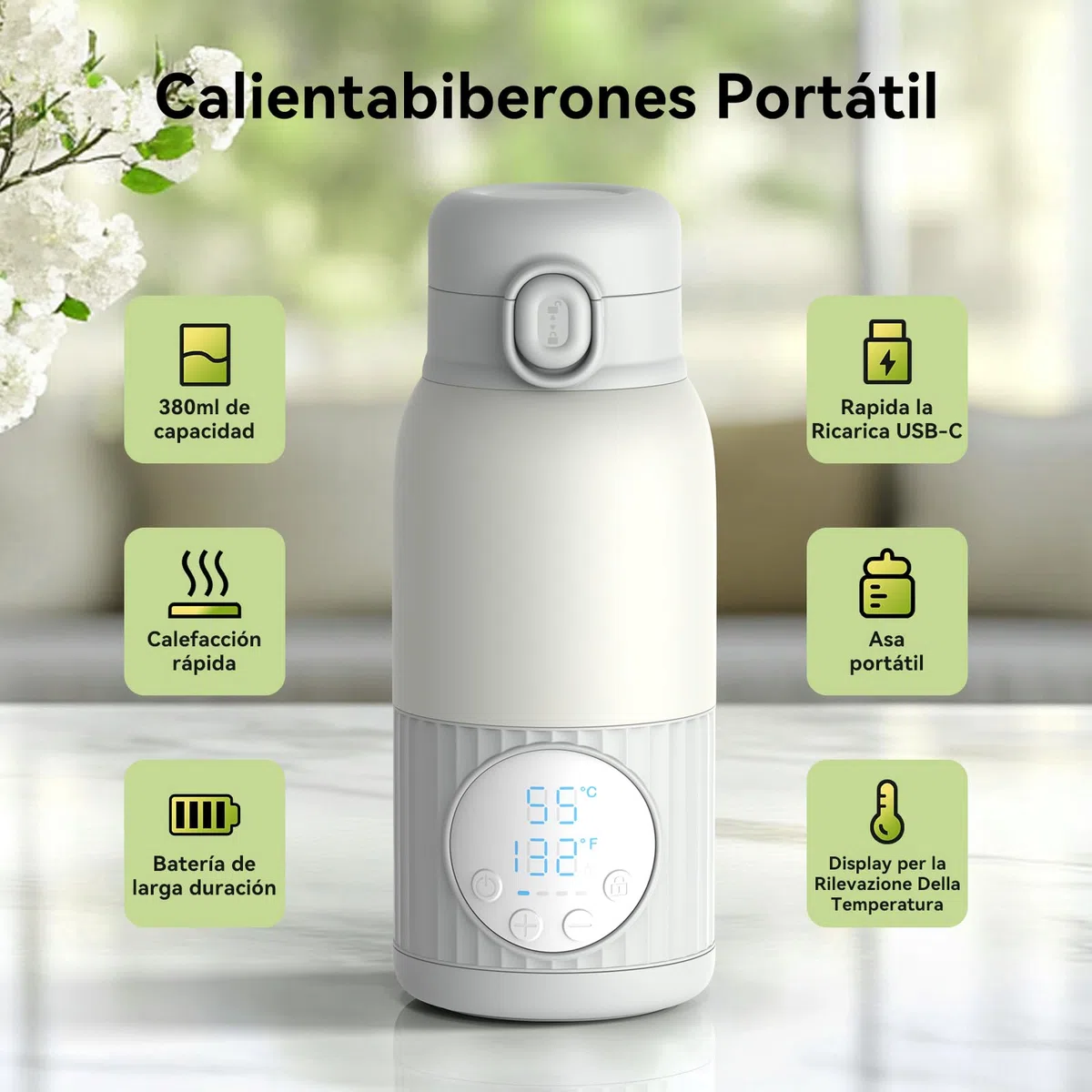 Calentador de biberones portátil para bebé batería de 380 ml para leche materna agua 10000 mAh calentamiento rápido control de temperatura preciso 100W larga duración de la batería (Gris Verde)