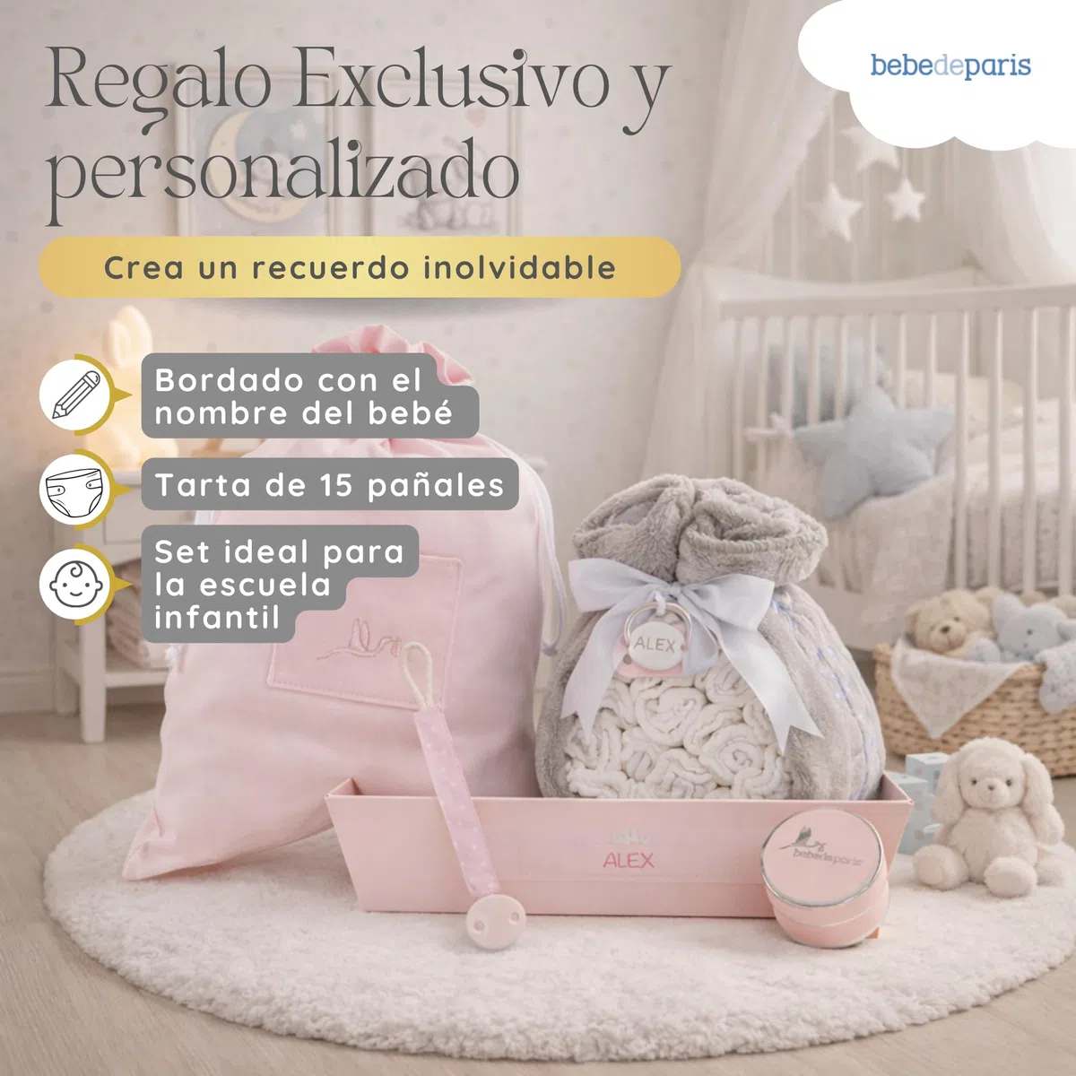 Tarta de Pañales para Recién Nacida con Manta Bordada + 15 Pañales Talla 2 + Chupete Personalizado Rosa | BebeDeParis