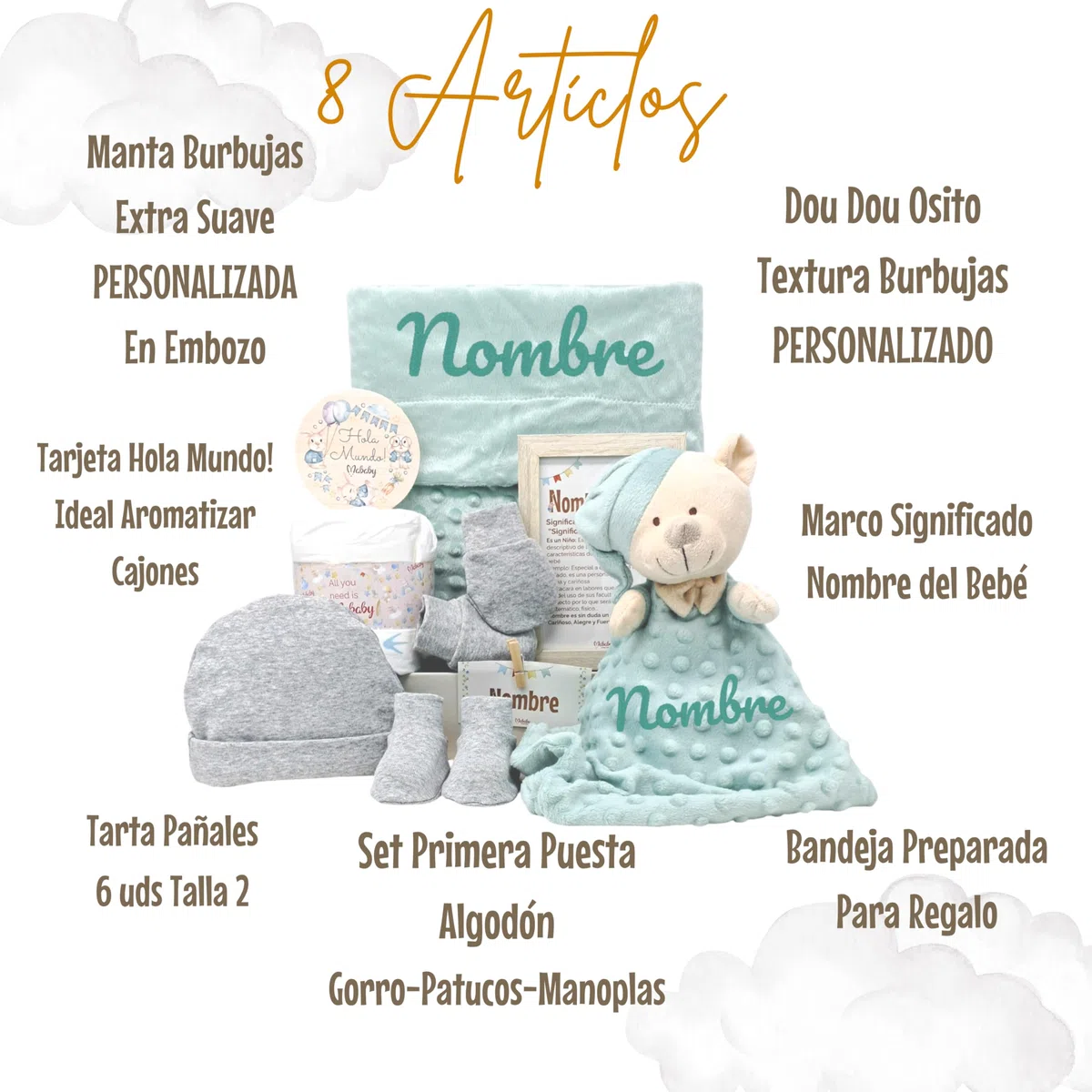 Velvet Canastilla Bebé Personalizada Unisex con Manta Burbujas, Dou Dou de Apego y Primera Puesta, Regalo Baby Shower, Verde