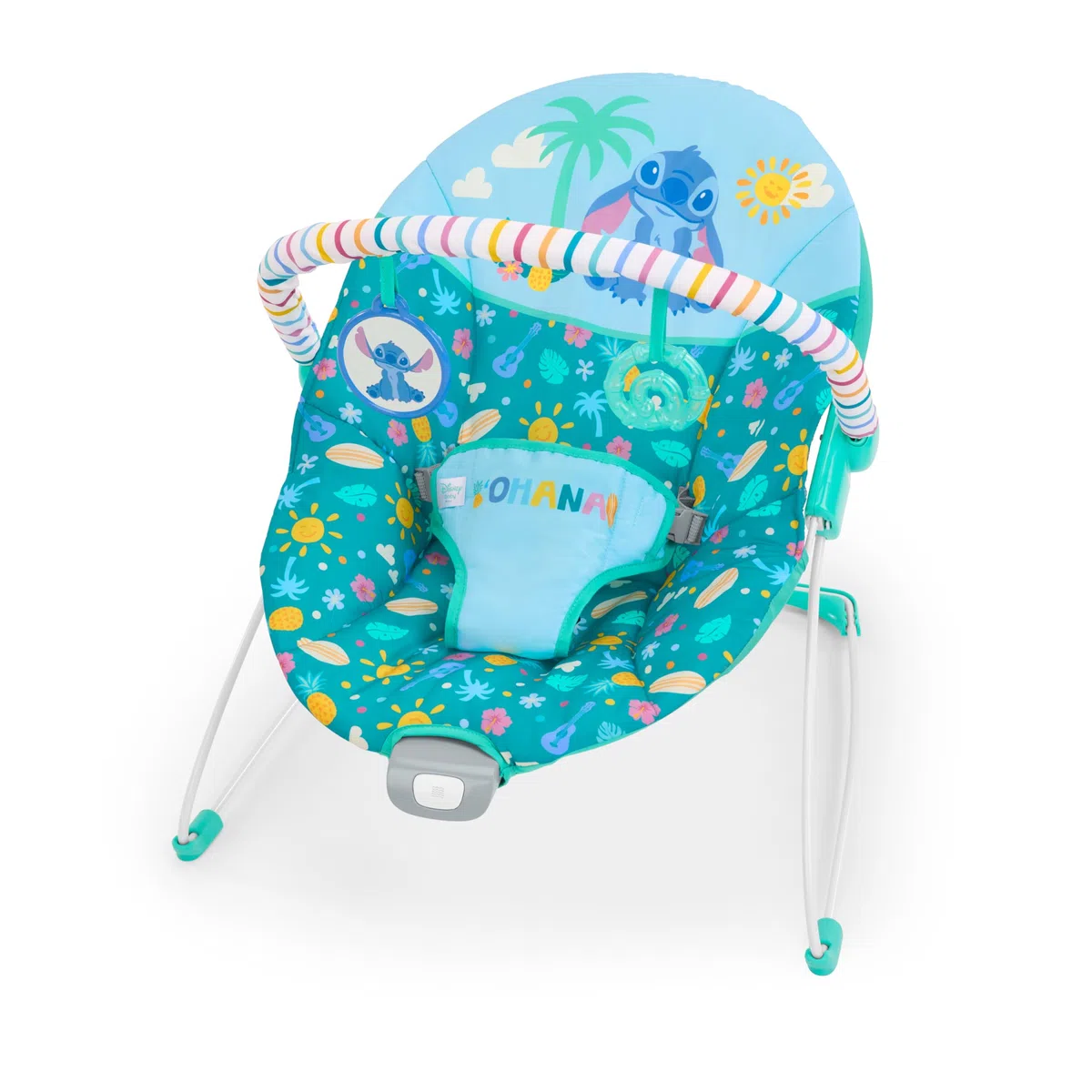 Disney Stitch Hamaca vibratoria para bebé Ohana Paradise de Bright Starts, Barra de juguetes desmontable, 2 juguetes incluidos, para 0-6 meses