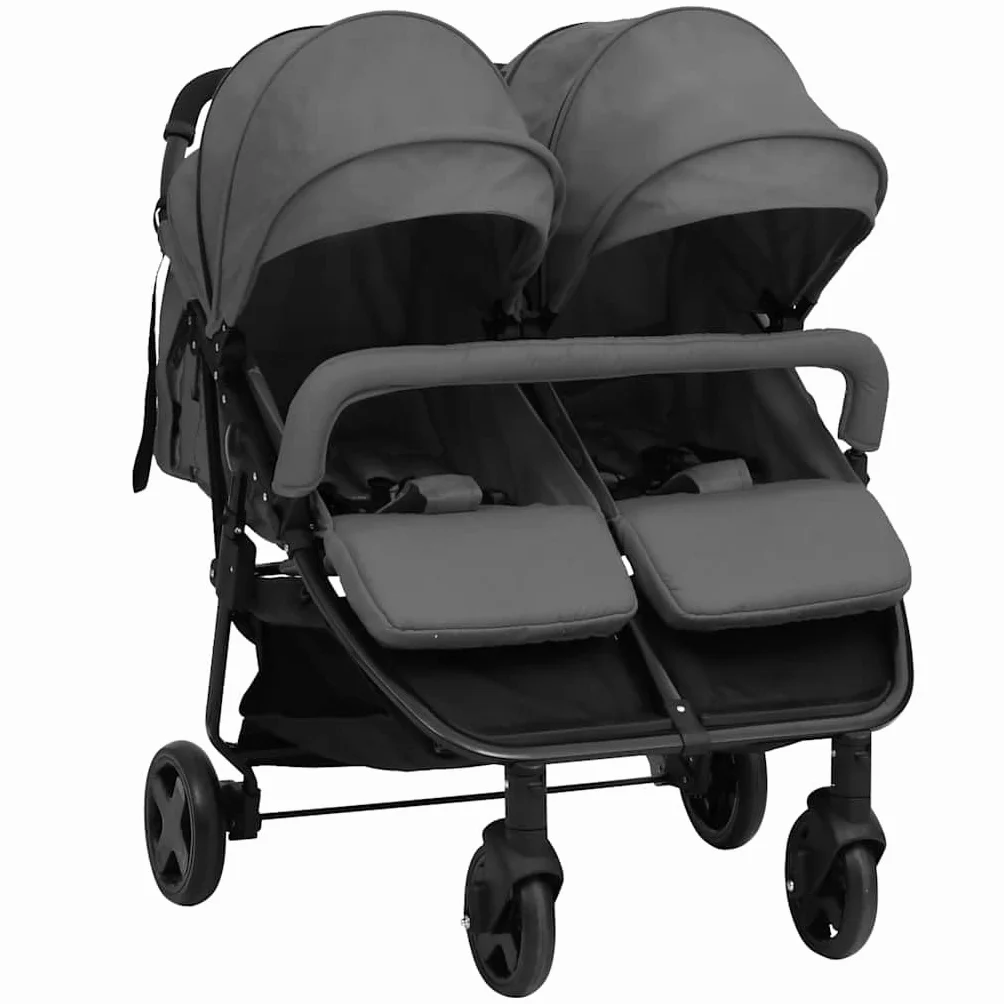 vidaXL Carrito para Gemelos Cochecito Sillita Gemelar Silla de Paseo Canasta Niños Reposapiés Ajustable Dosel Plegable de Acero Gris Oscuro y Negro