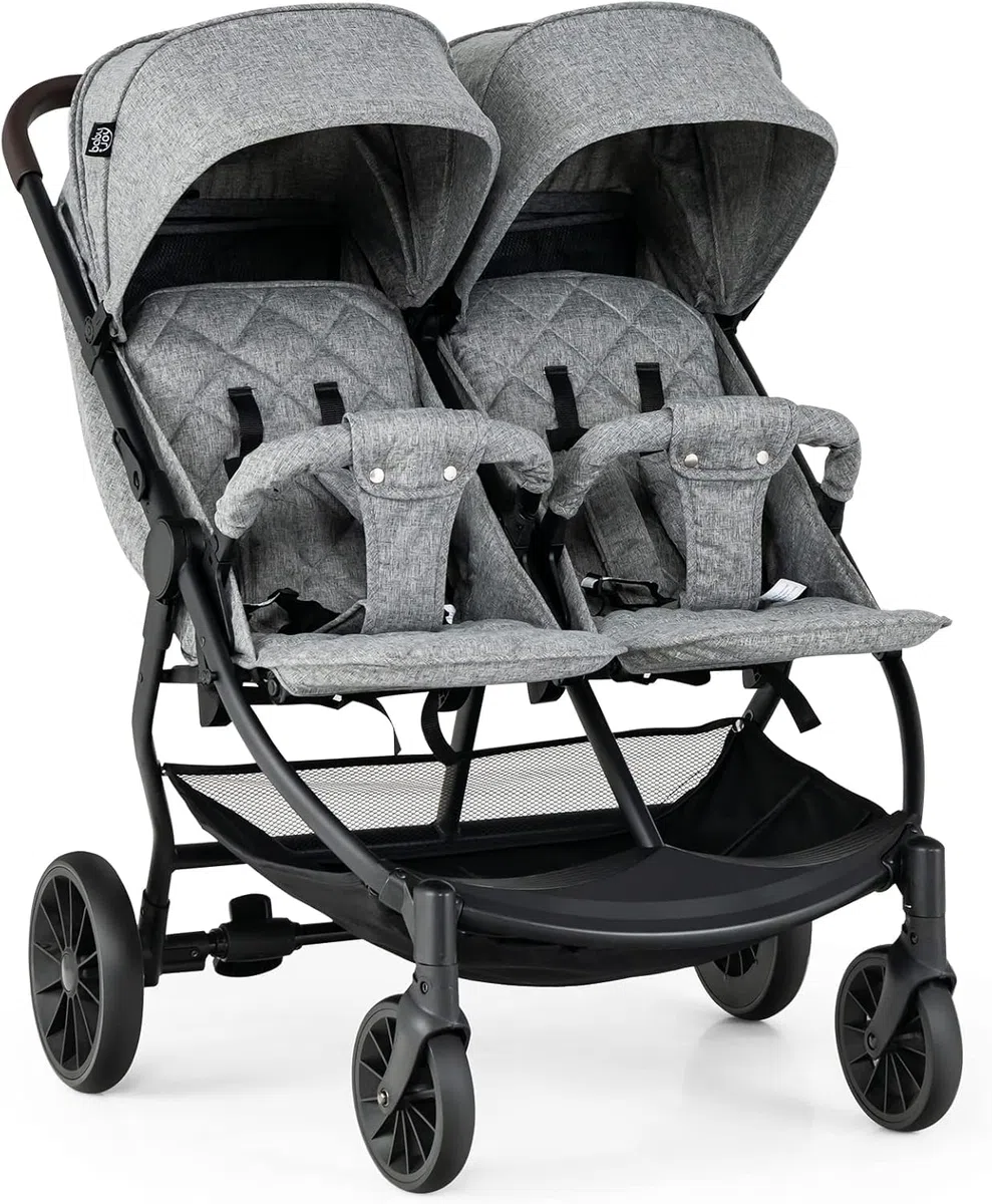 GOPLUS Carrito Bebe Gemelos, Cochecito Doble Plegable con Respaldo y Reposapiés Ajustables, Toldo, Cesta y Cinturón de Seguridad, Silla de Paseo Gemelar Carga 22 kg, Bebés de 0-3 Años (Gris Claro)
