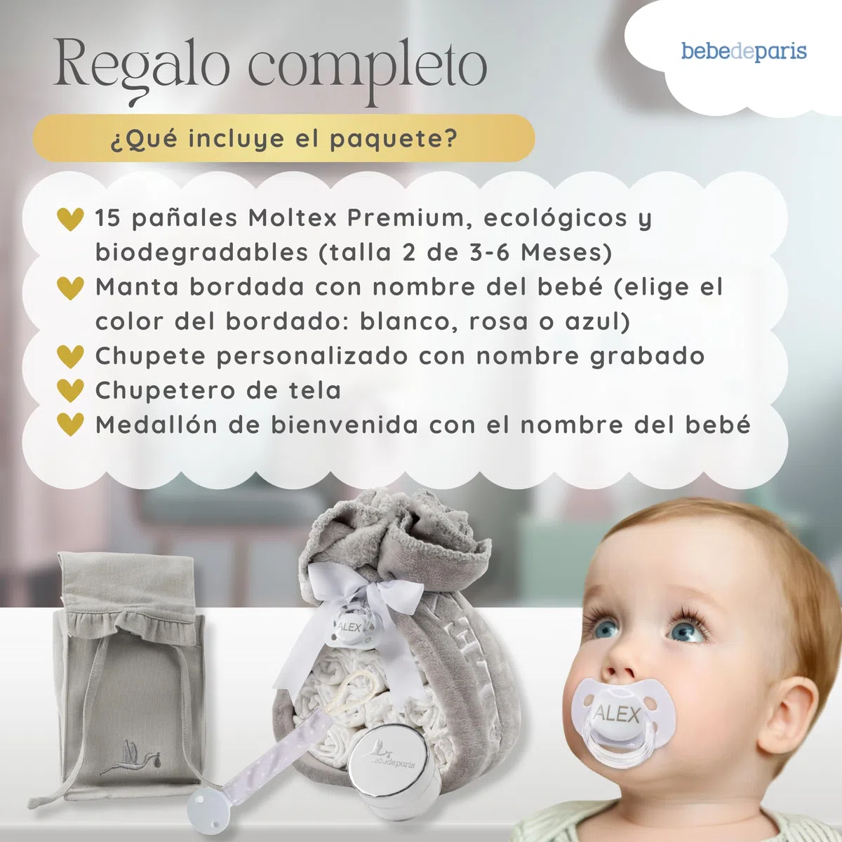 Tarta de Pañales para Recién Nacida con Manta Bordada + 15 Pañales Talla 2 + Chupete Personalizado Neutro | BebeDeParis