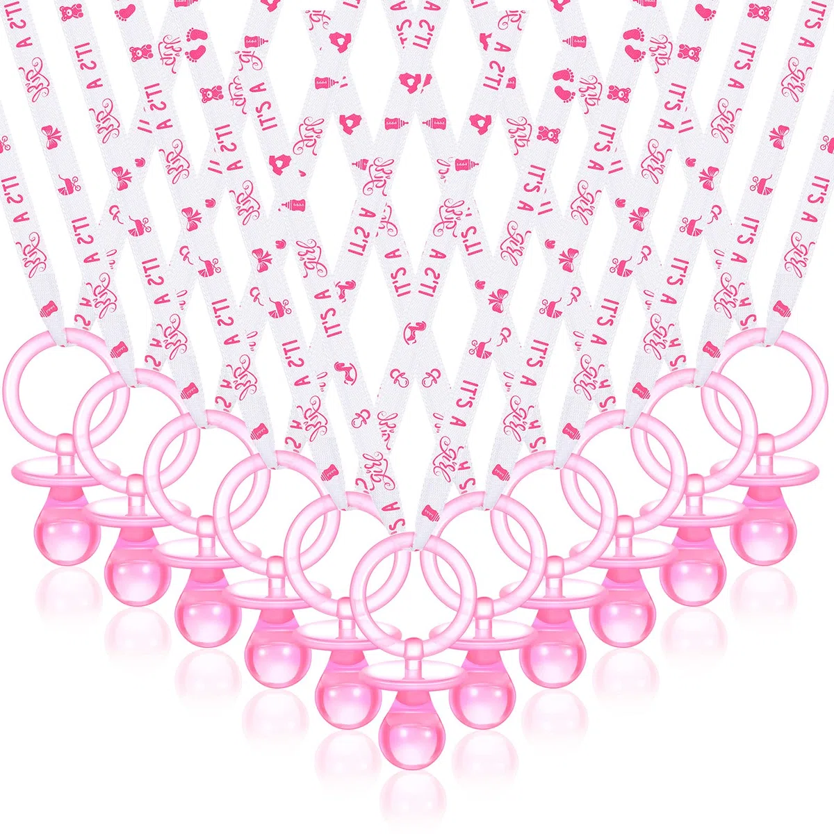 Junkin 60 piezas de collares de acrílico para baby shower, chupetes de bebé, regalos de fiesta, chupetes para decoración de fiesta de baby shower, estilo niña (rosa, blanco)